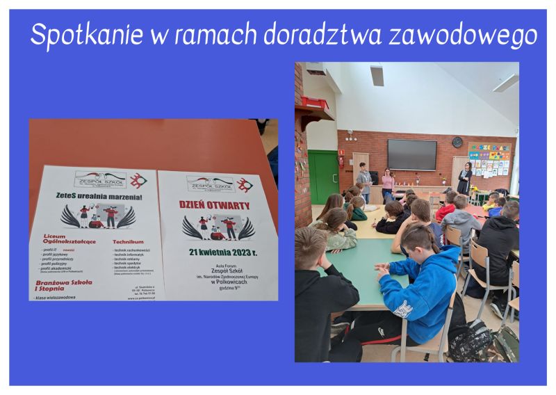 kolaż po lewej zaproszenie na dni otwarte po p[rawej uczniowie podczas spotkania