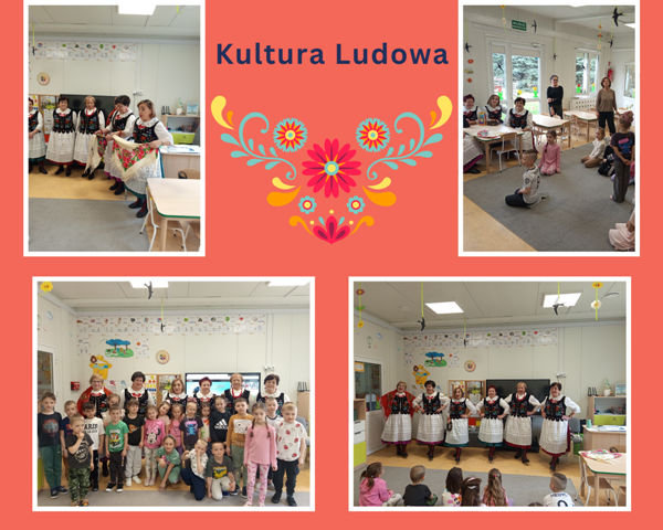 kolaż zdjęć przedszkolaków na spotkaniu z zespołem ludowym Podolanki