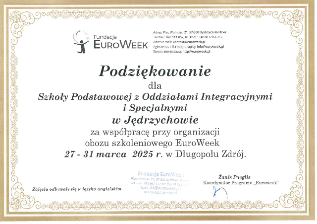 podziękowanie dla szkoły za udział w Euroweek
