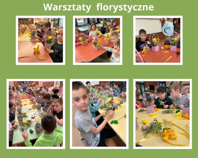 uczniowie wykonują wiosenne kompozycje z roślin