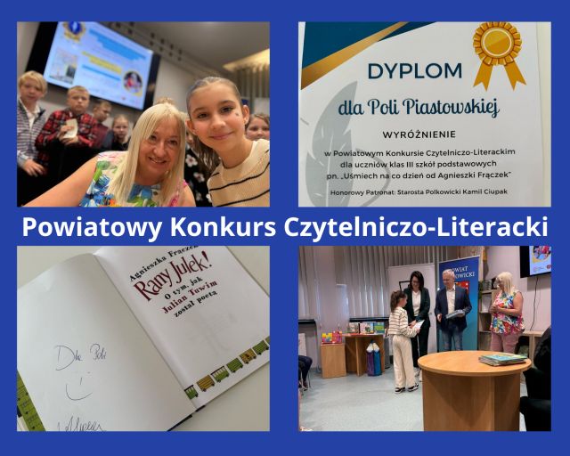 kolaż zdjęć uczennicy podczas rozdania nagród w konkursie