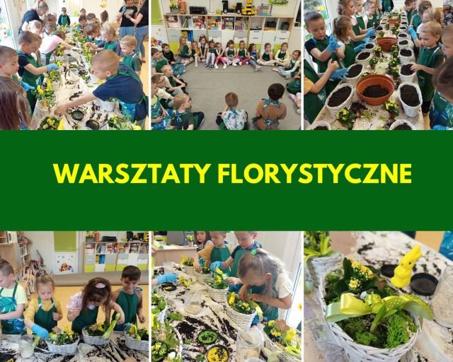 przedszkolaki wykonują stroiki wielkanocne podczas warsztatów florystycznych