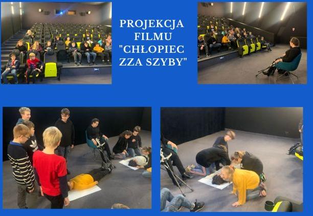 Kolaż zdjęć u góry uczniowie siedzą w kinie przed nimi siedzi pani psycholog na dole dzieci wykonuja zadanie na dużych brystolach