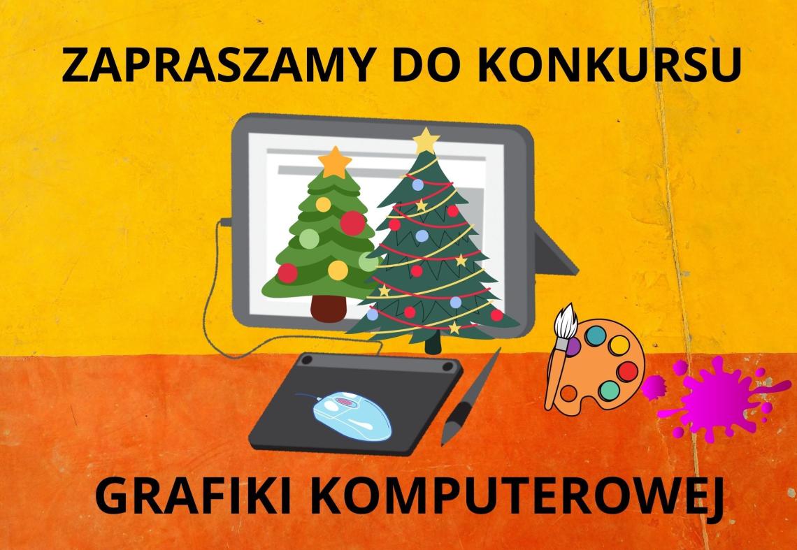 na monitorze komputera namalowane choinki oraz napis zapraszamy do konkursu grafiki komputerowej