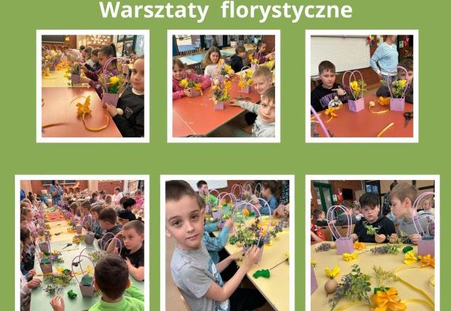 uczniowie wykonują wiosenne kompozycje z roślin 