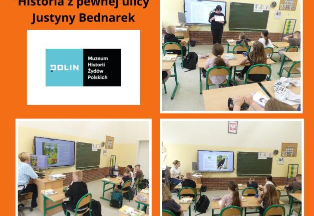 kolaż zdjęć uczniów słuchających nauczycieli czytających książkę podczas lekcji bibliotecznej