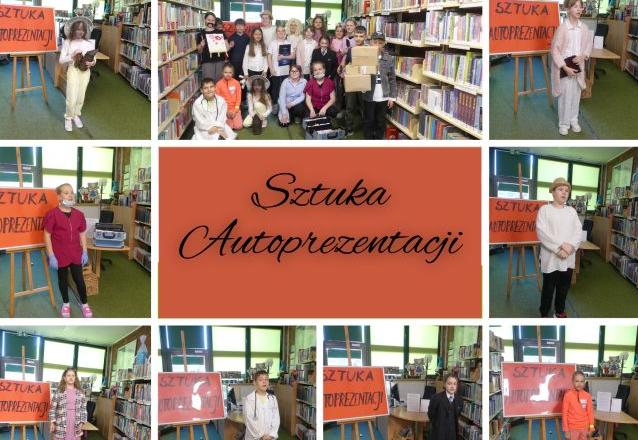 kolaż zdjęć uczniów na konkursie recytatorskim w bibliotece