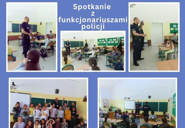 kolaż zdjęć uczniów klasy czwartej na spotkaniu w klasie z policjantami